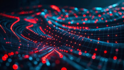 Aufkleber - Digital landscape of vibrant red and blue lights flowing in intricate patterns during a futuristic display