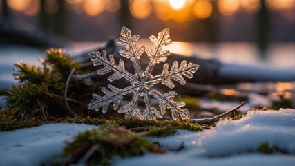 Poster - A snowflake rests on moss in a snowy landscape during sunset, capturing winter's beauty.
