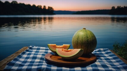 Poster - A serene lakeside scene featuring a melon on a checkered cloth at sunset.