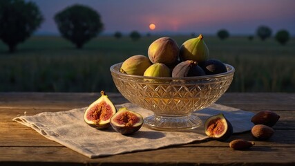 Poster - A bowl of figs on a table at sunset, highlighting nature's bounty and tranquil ambiance.