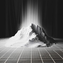 Poster - Digital Landscape: Wireframe Mountain Under Light Beams in Monochrome, Representing Technology and Data.