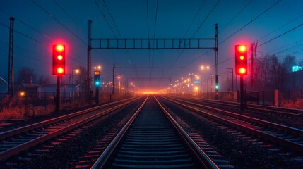 Aufkleber - Red signals mark the railway tracks at twilight, indicating a halt. The scene highlights the importance of safety in transportation and the role of monitoring infrastructure.