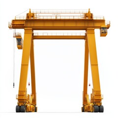 Fototapete - Giant Yellow Gantry Crane Structure with Suspended Hooks on a Clean White Background - Heavy Industrial Equipment 
