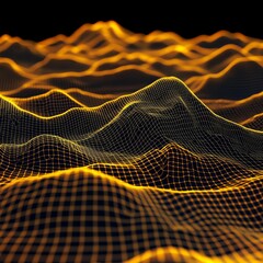 Leinwandbilder - Golden Grid Waves: Abstract Digital Landscape with Glowing Lines and Undulating Forms on a Black Background