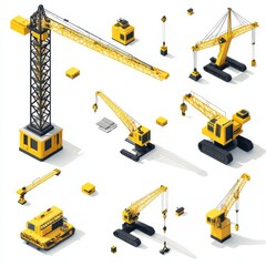 Poster - isometric view of yellow construction cranes: a collection of heavy lifting machinery on a white bac