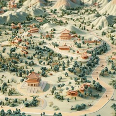 Poster - Miniature Landscape with Traditional Chinese Architecture and Winding Roads, Featuring Trees and Hills in a Light, Airy Style
