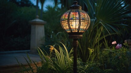 Aufkleber - A decorative lamp illuminates a garden pathway surrounded by lush greenery.