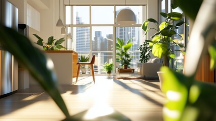 Poster - bright urban apartment filled with greenery and natural light during daytime