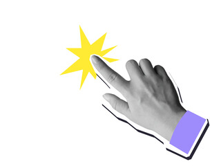Hand makes click gesture with flash effect. Modern collage style. Illustration on transparent background
