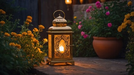Aufkleber - A glowing lantern surrounded by vibrant flowers in a serene outdoor setting.