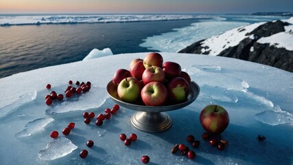 Poster - A bowl of apples on ice with a scenic view of water and icebergs in the background.