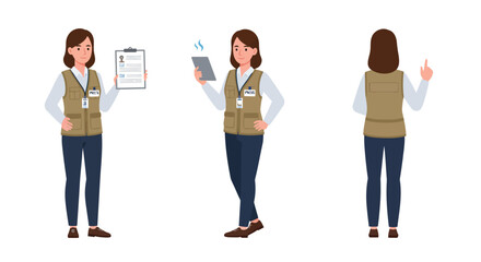 Poster - woman in vest holding clipboard and tablet in flat vector art