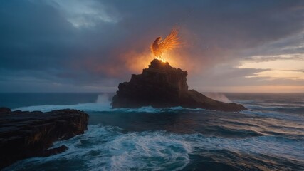 Poster - A fiery figure rises from a rocky outcrop against a dramatic seascape at sunset.