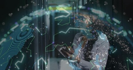 Poster - In server room, businesswoman using tablet with animation of digital network connections