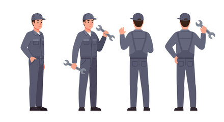 Poster - Mechanic character in various poses with tools in flat vector art