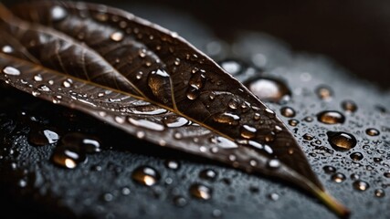 Poster - Close-up of wet leaves on a dark surface, showcasing nature's beauty and texture.