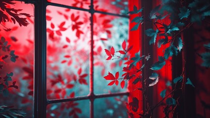 Poster - vivid leaves framing a window with dramatic red and blue lighting creates an enchanting atmosphere i
