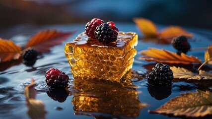 Poster - A honeycomb with berries on a reflective surface surrounded by autumn leaves.