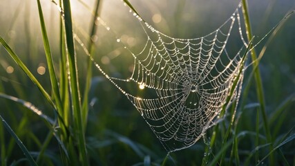 Poster - A close-up of a spider web adorned with dew drops in a grassy field during sunrise.