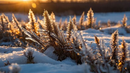 Poster - Frost-covered plants glisten in the sunlight, creating a serene winter landscape.