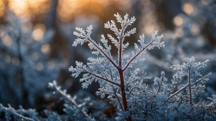 Poster - A close-up of frost-covered foliage glistening in soft sunlight.