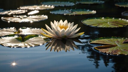 Poster - A serene water lily floats on a tranquil pond, surrounded by lily pads and soft reflections.