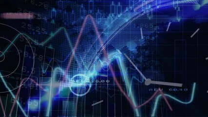 Poster - Intertwining digital clock and data graphs with blue animation technology patterns