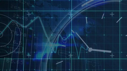 Aufkleber - Animation of digital data graphs and charts overlaying world map in blue tones
