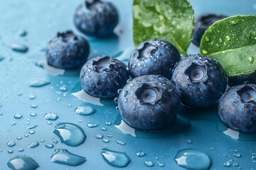 Poster - Fresh, juicy blueberries glistening with water droplets on a vibrant blue surface