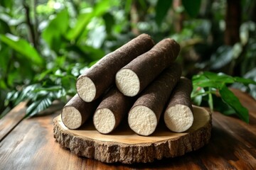 Poster - Freshly harvested yuca roots displayed on a wooden slab in a lush green environment during daylight