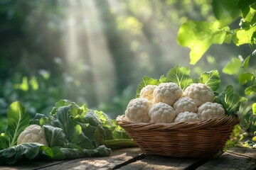 Poster - Freshly harvested cauliflower in a rustic basket illuminated by sunlight in a serene garden setting
