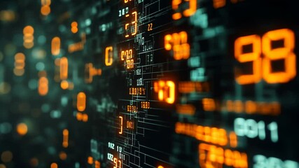 Futuristic digital data stream with floating numbers and characters, abstract tech background