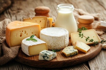 Poster - Assorted cheeses and fresh milk displayed on a wooden table with herbs and round crackers