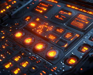 Glowing orange lights illuminate a dark, futuristic control panel with various displays and buttons