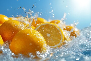 Poster - Fresh lemons splashing in crystal-clear water under bright sunlight at a tropical location