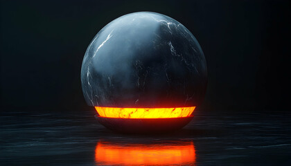 Wall Mural - Glowing orb rests on reflective surface in a dark scene