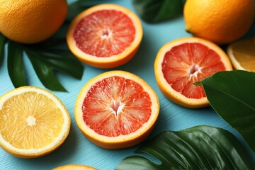Poster - Bright citrus fruits arranged artistically on a turquoise surface with leaves
