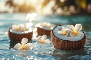 Poster - Floating coconut shells with flowers in clear water at sunset by the beach