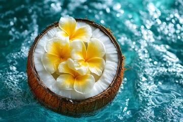 Poster - Floating flowers in a coconut bowl create a tranquil atmosphere by the blue water on a sunny day