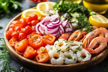 Aufkleber - Fresh seafood and vegetables arranged beautifully on a wooden platter for a summer gathering