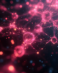 Wall Mural - Glowing pink spheres connected by shimmering threads in a dark space