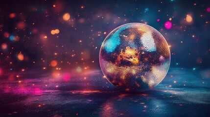 Poster - Vibrant disco ball made of glowing digital pixels and particles, radiating colorful light bursts in a festive abstract atmosphere