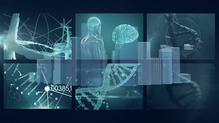 Poster - Animation of DNA strand and brain hologram with futuristic school interface elements