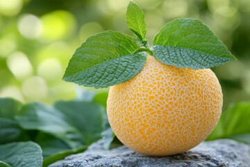 Poster - Fresh cantaloupe resting on a rock, surrounded by lush green leaves in a sunny garden setting