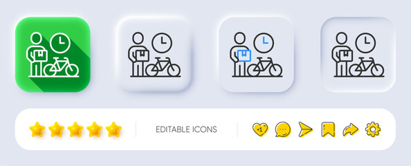 Poster - Bike courier line icon. Neumorphic, Flat shadow, 3d buttons. Delivery bicycle sign. Fast city transport symbol. Line bike courier icon. Social media icons. Vector