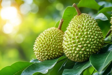 Poster - Ripening durians hang on a lush tree in a tropical forest during a sunny afternoon
