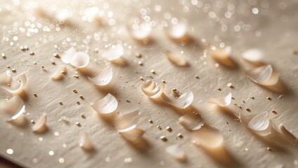 Poster - Delicate petals scattered on a shimmering surface highlighting beauty and nature in soft lighting