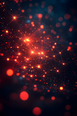 Wall Mural - Glowing red points linked by lines on a dark blue background with bokeh effect