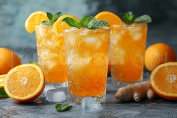 Poster - Refreshing orange mint drinks with garnishes and ice on a table, perfect for warm summer days and gatherings