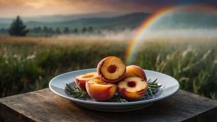 Poster - A plate of sliced peaches with a rainbow in a scenic landscape.